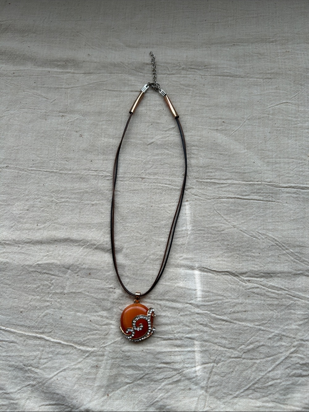 Women’s Brown faux Leather Necklace with Orange Pendant and Crystal Accent